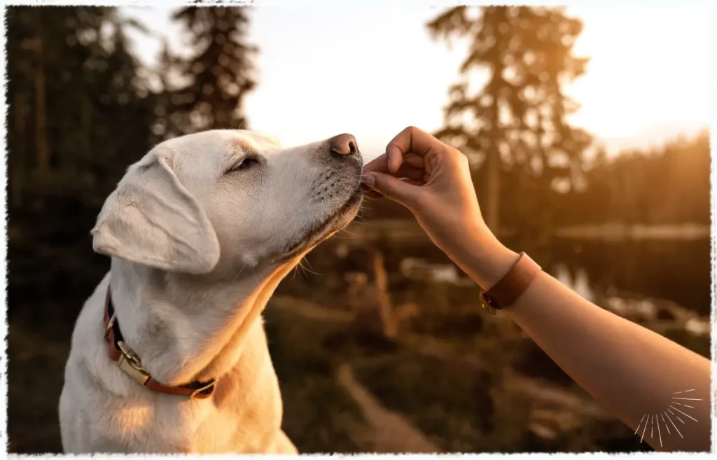 Ein Hund bekommt ein Fertigfutter-Leckerli