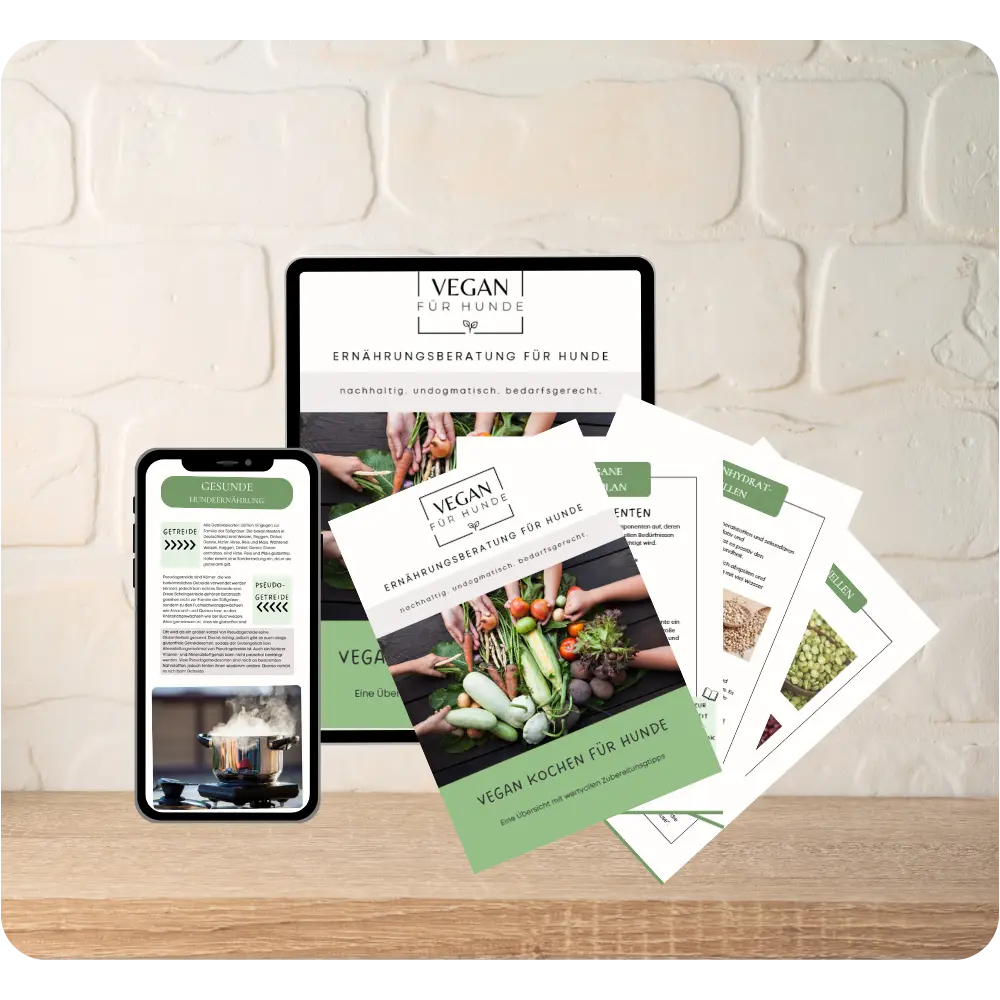 Vegan für Hunde - das eBook "Vegan Kochen für Hunde" ist auch dabei. Eine Übersicht mit wertvollen Zubereitungstipps