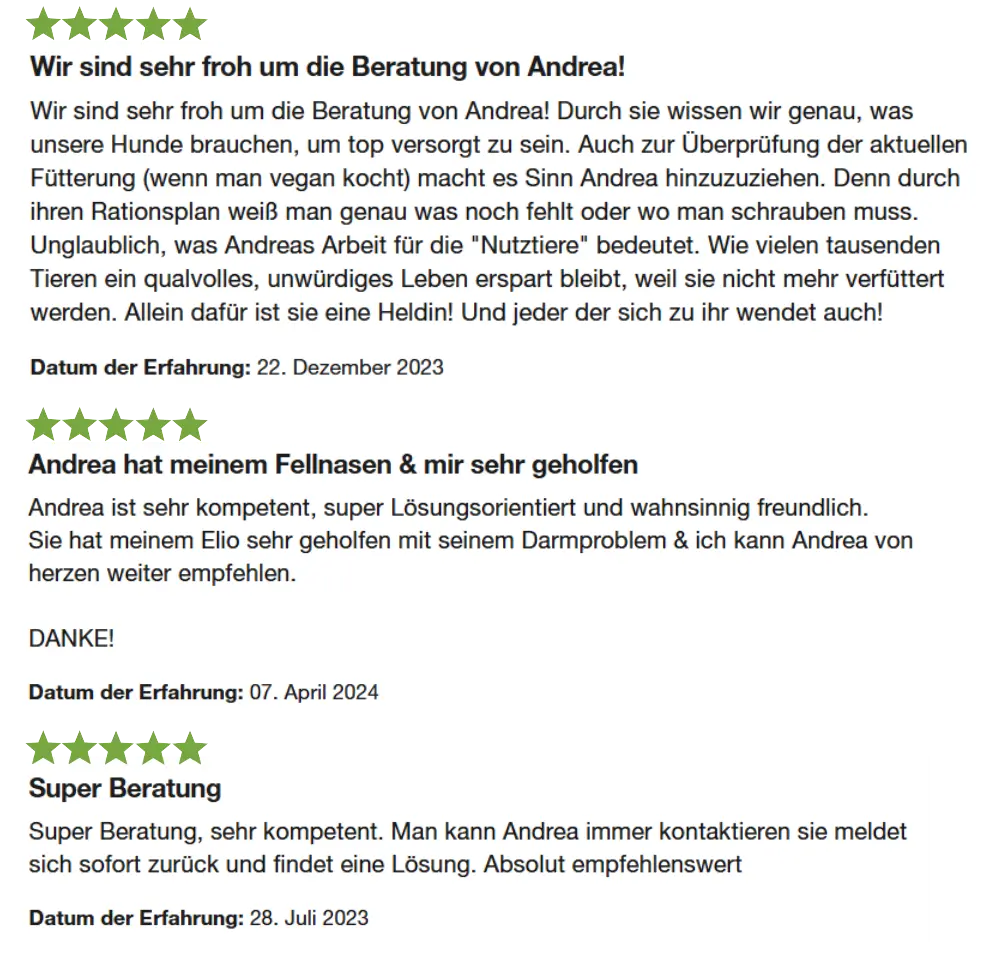 Viele Kunden freuen sich über ihre Entscheidung mit Andrea zusammen die Ernährung ihres Hunde optimiert zu haben